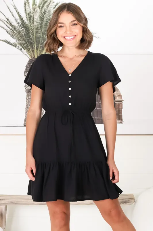 Malila Mini Dress - V Neck Pull Tie Waist Dress with Cap Sleeves in Black sold by Salty Crush