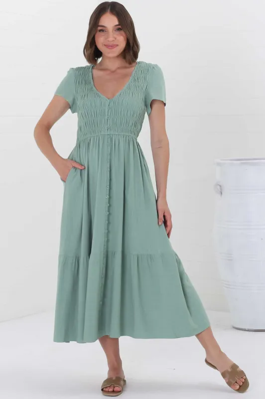 Stephan Midi Dress - Cap Sleeve Tortoiseshell Button-Down Tiered Dress in Sage sold by Salty Crush