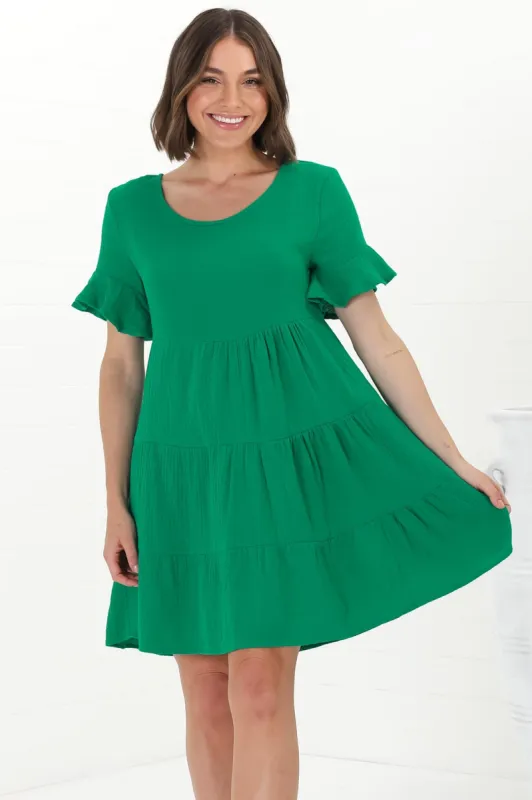 Cora Mini Dress - Cheesecloth Cotton Tiered Smock Dress with Frill Sleeves in Green sold by Salty Crush