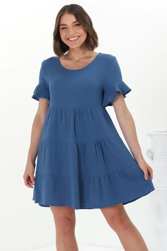 Cora Mini Dress - Cheesecloth Cotton Tiered Smock Dress with Frill Sleeves in Blue sold by Salty Crush