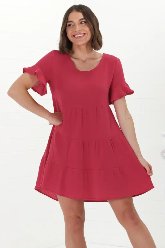 Cora Mini Dress - Cheesecloth Cotton Tiered Smock Dress with Frill Sleeves in Red sold by Salty Crush