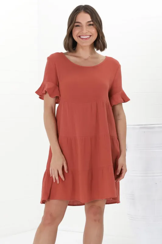 Cora Mini Dress - Cheesecloth Cotton Tiered Smock Dress with Frill Sleeves in Rust sold by Salty Crush