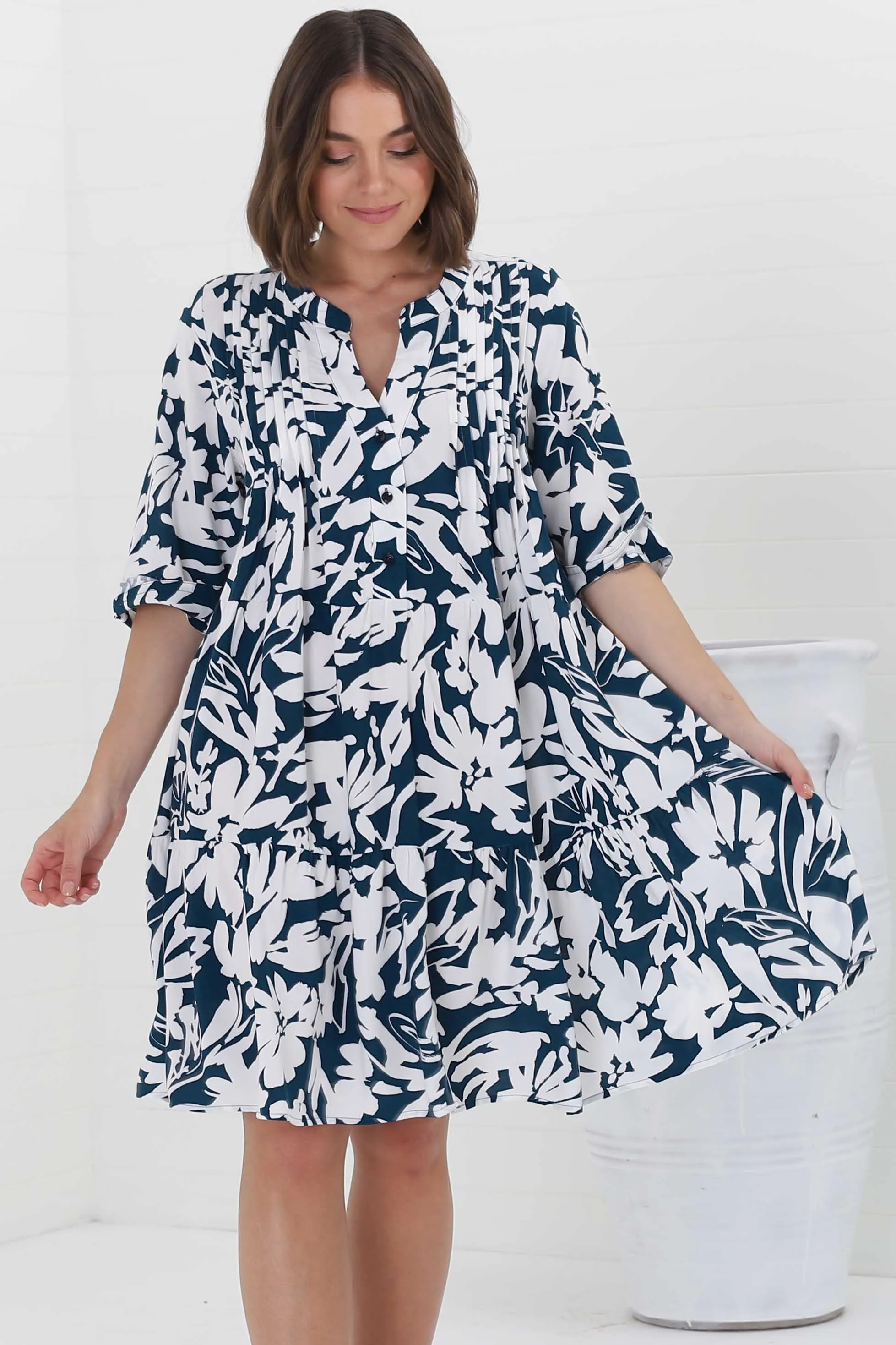 Evie Mini Dress - 3/4 Sleeve Tiered Smock Dress in Charis Print Blue sold by Salty Crush product image thumbnail 4