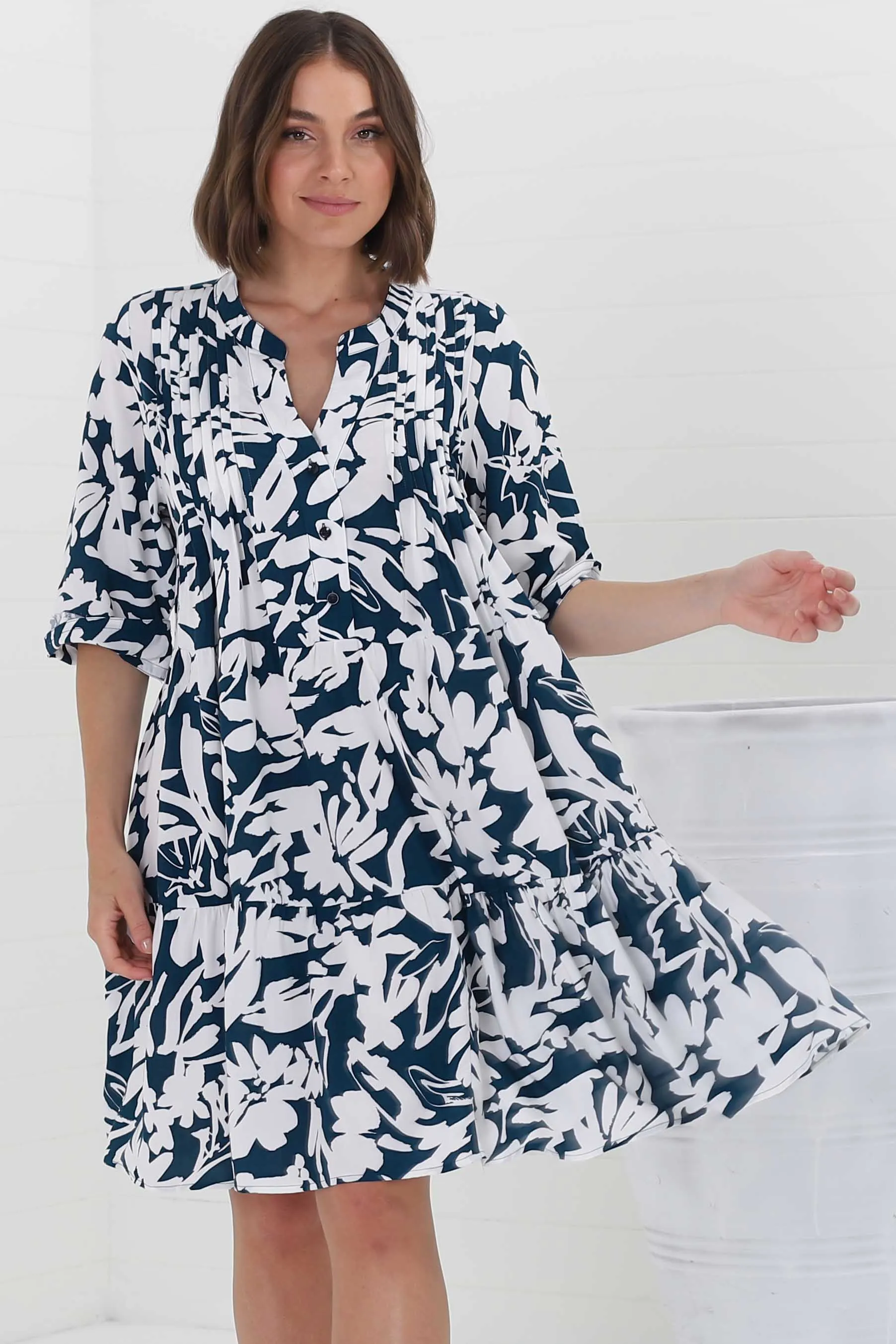 Evie Mini Dress - 3/4 Sleeve Tiered Smock Dress in Charis Print Blue sold by Salty Crush product image thumbnail 2