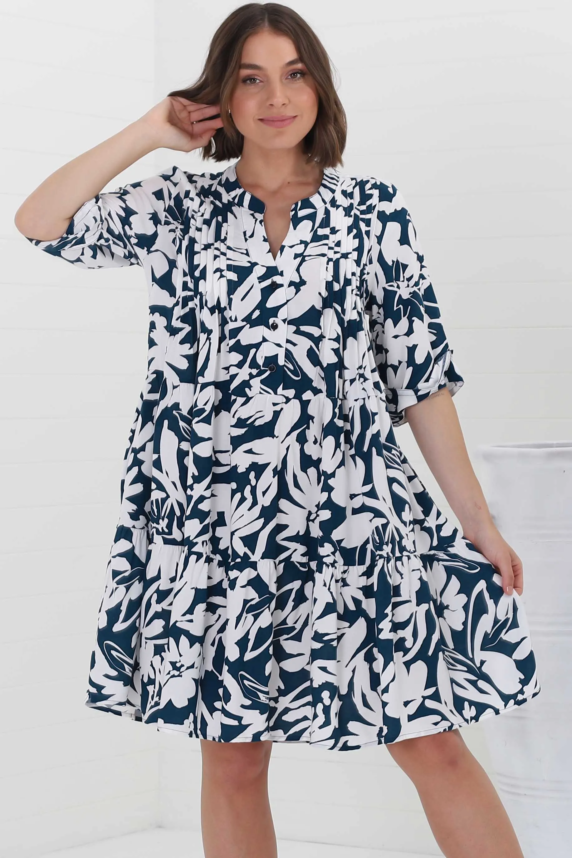 Evie Mini Dress - 3/4 Sleeve Tiered Smock Dress in Charis Print Blue sold by Salty Crush product image thumbnail 5
