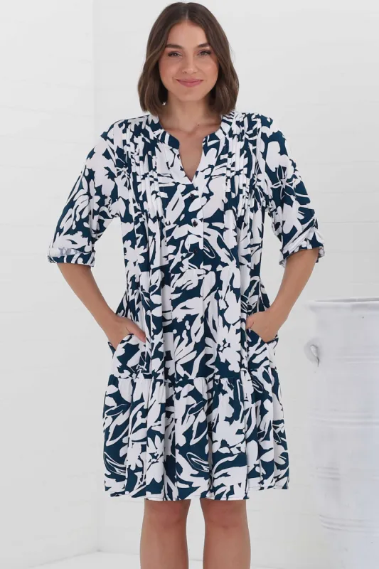 Evie Mini Dress - 3/4 Sleeve Tiered Smock Dress in Charis Print Blue sold by Salty Crush