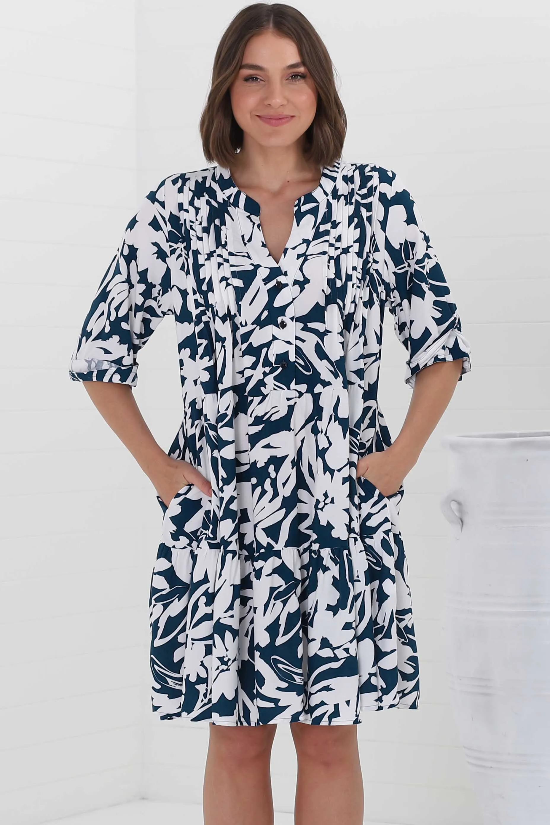 Evie Mini Dress - 3/4 Sleeve Tiered Smock Dress in Charis Print Blue sold by Salty Crush