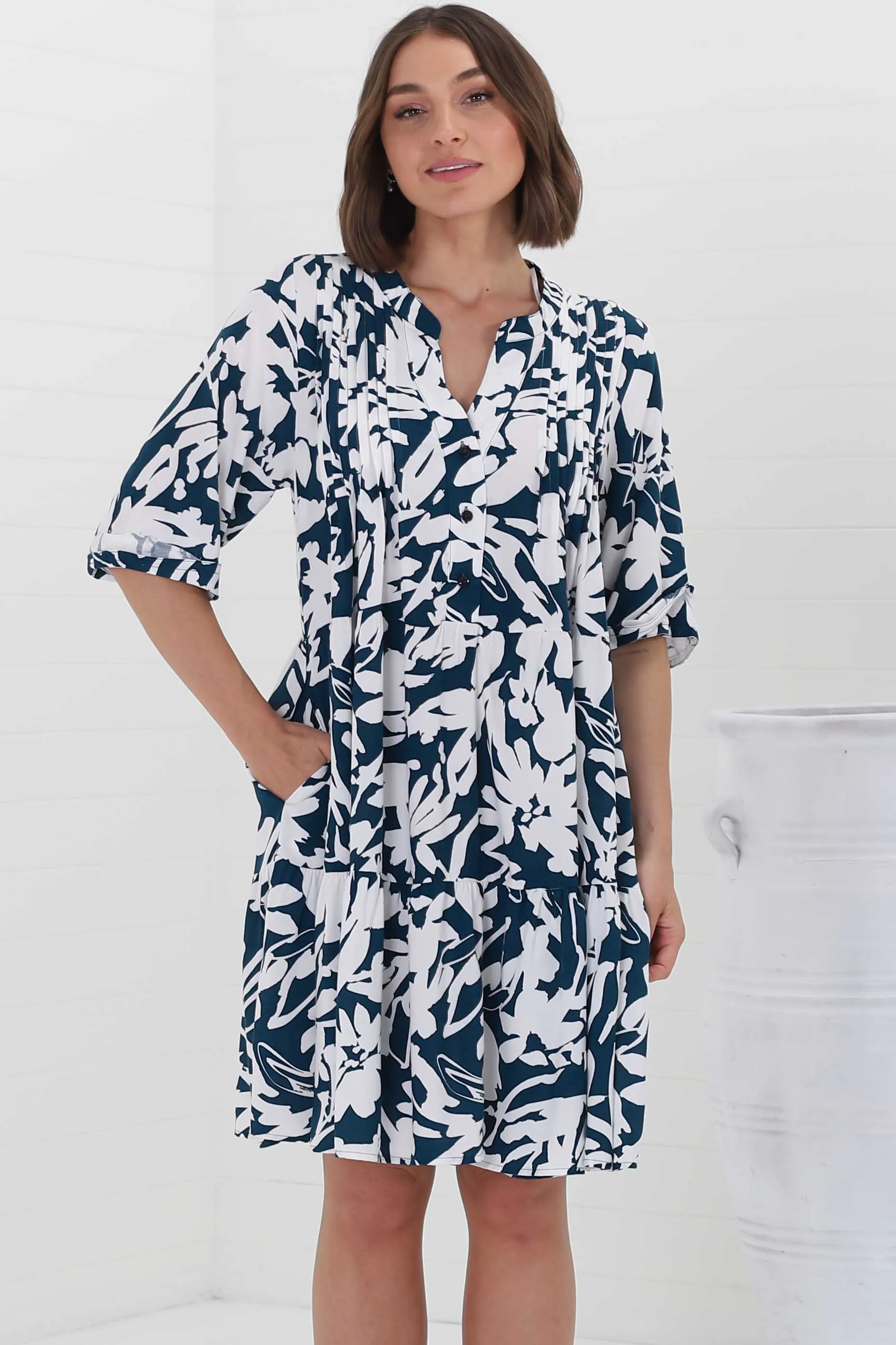 Evie Mini Dress - 3/4 Sleeve Tiered Smock Dress in Charis Print Blue sold by Salty Crush product image thumbnail 3