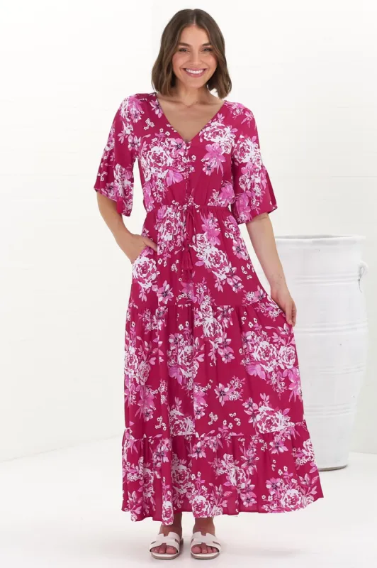 Rae Maxi Dress - Buttoned Bodice Pull Waist A Line Dress in Kimberly Print sold by Salty Crush