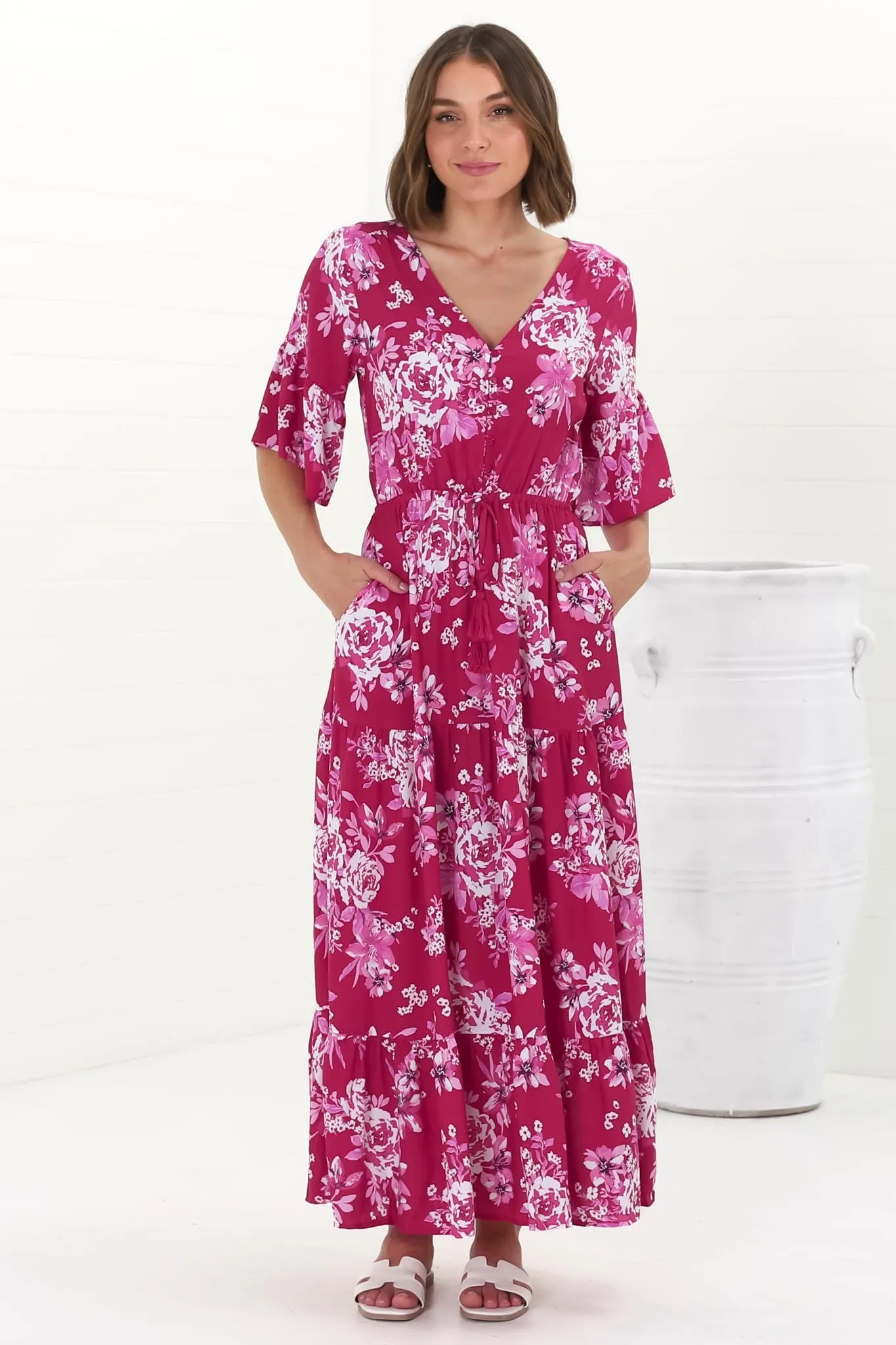 Rae Maxi Dress - Buttoned Bodice Pull Waist A Line Dress in Kimberly Print sold by Salty Crush product image thumbnail 3