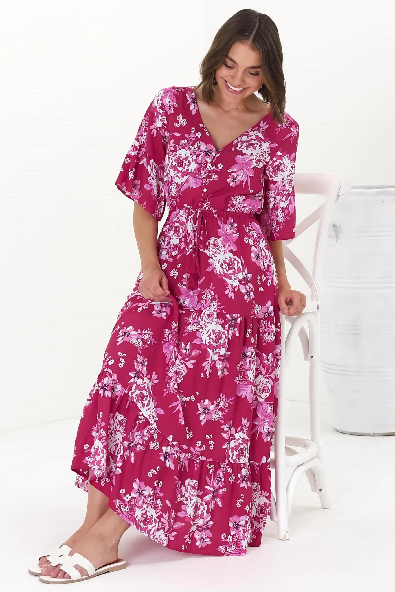 Rae Maxi Dress - Buttoned Bodice Pull Waist A Line Dress in Kimberly Print sold by Salty Crush product image thumbnail 2