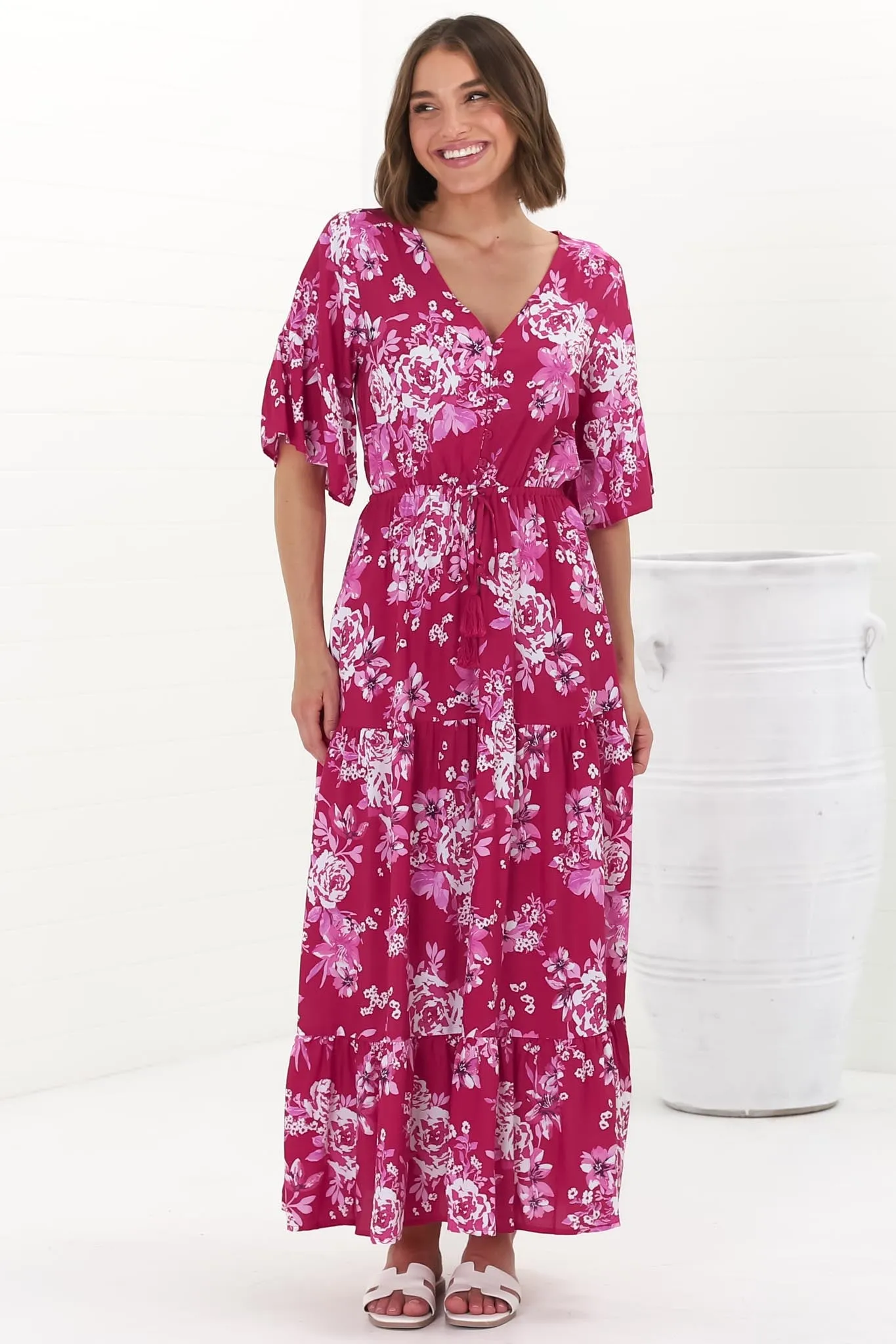 Rae Maxi Dress - Buttoned Bodice Pull Waist A Line Dress in Kimberly Print sold by Salty Crush product image thumbnail 4