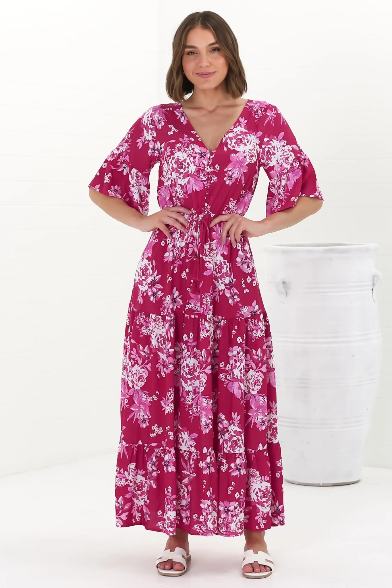 Rae Maxi Dress - Buttoned Bodice Pull Waist A Line Dress in Kimberly Print sold by Salty Crush product image thumbnail 5