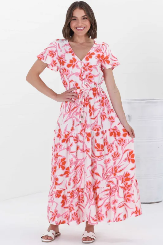 Hanna Maxi Dress - Cap Sleeve Tiered A Line Dress with Toggle Detailed Waist Tie in Braley Pink sold by Salty Crush