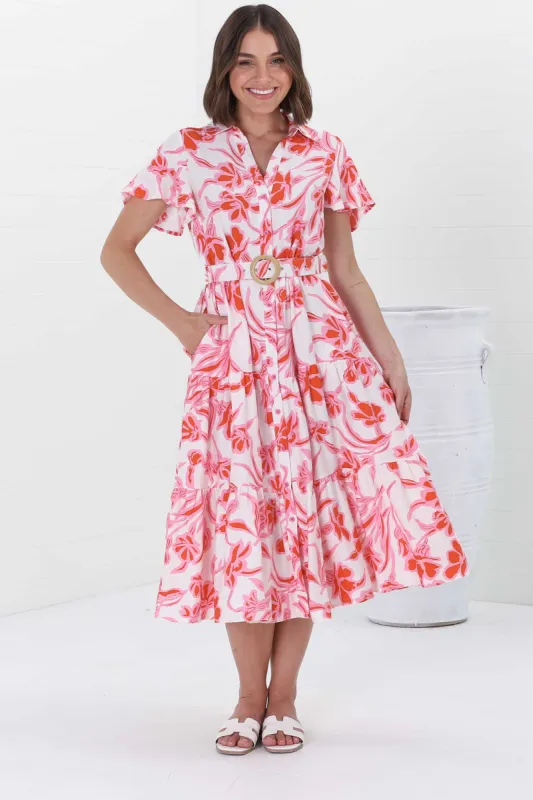 Luvira Midi Dress - Button Down Collared Dress With Statement Belt In Braley Print Pink sold by Salty Crush