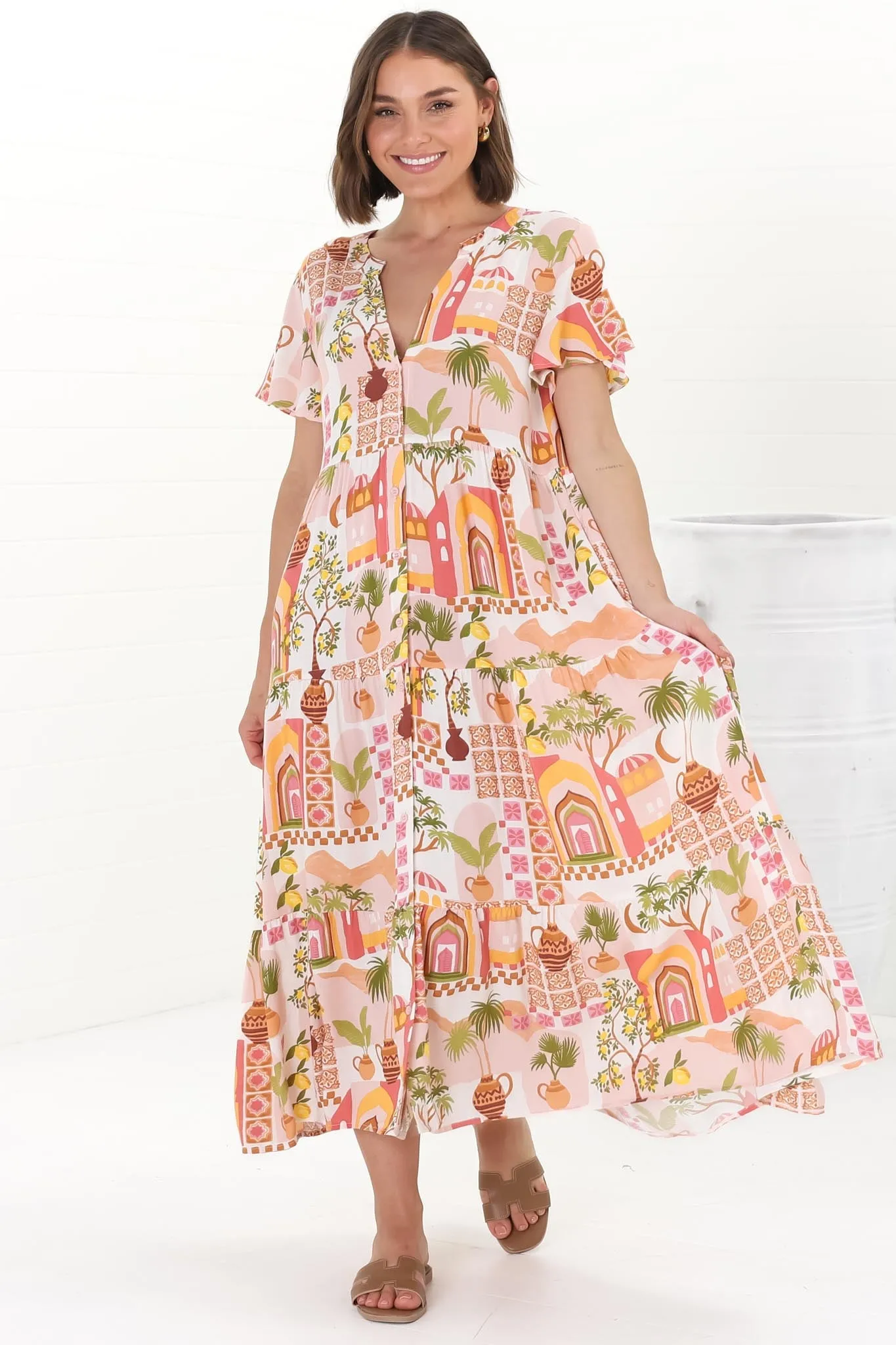 Suzan Maxi Dress - Bermuda Collar Button Down Short Sleeve Maxi in Baroa Print sold by Salty Crush