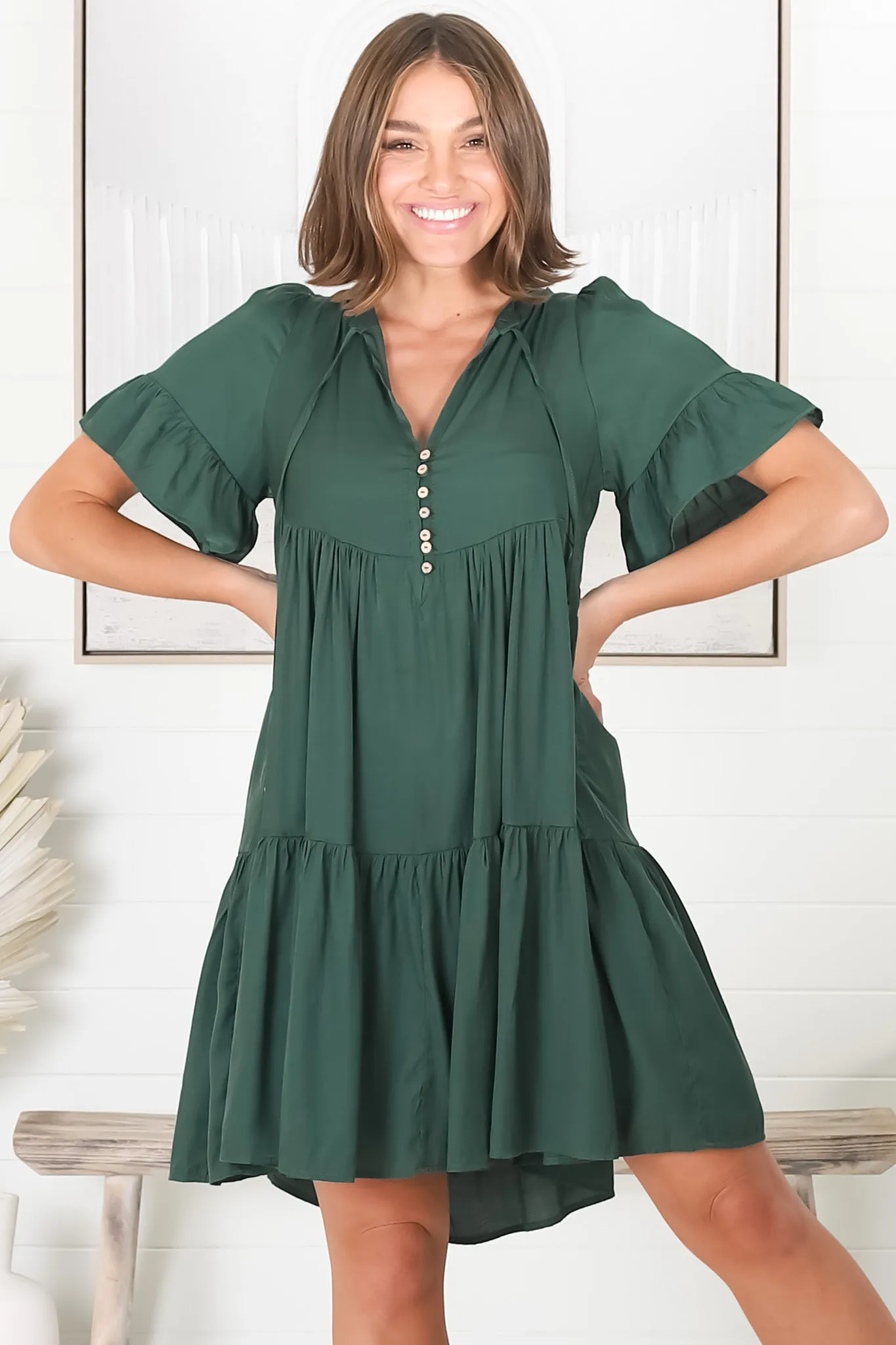 Lilou Mini Dress -Smock Mini Dress with V Neckline in Emerald sold by Salty Crush product image thumbnail 5