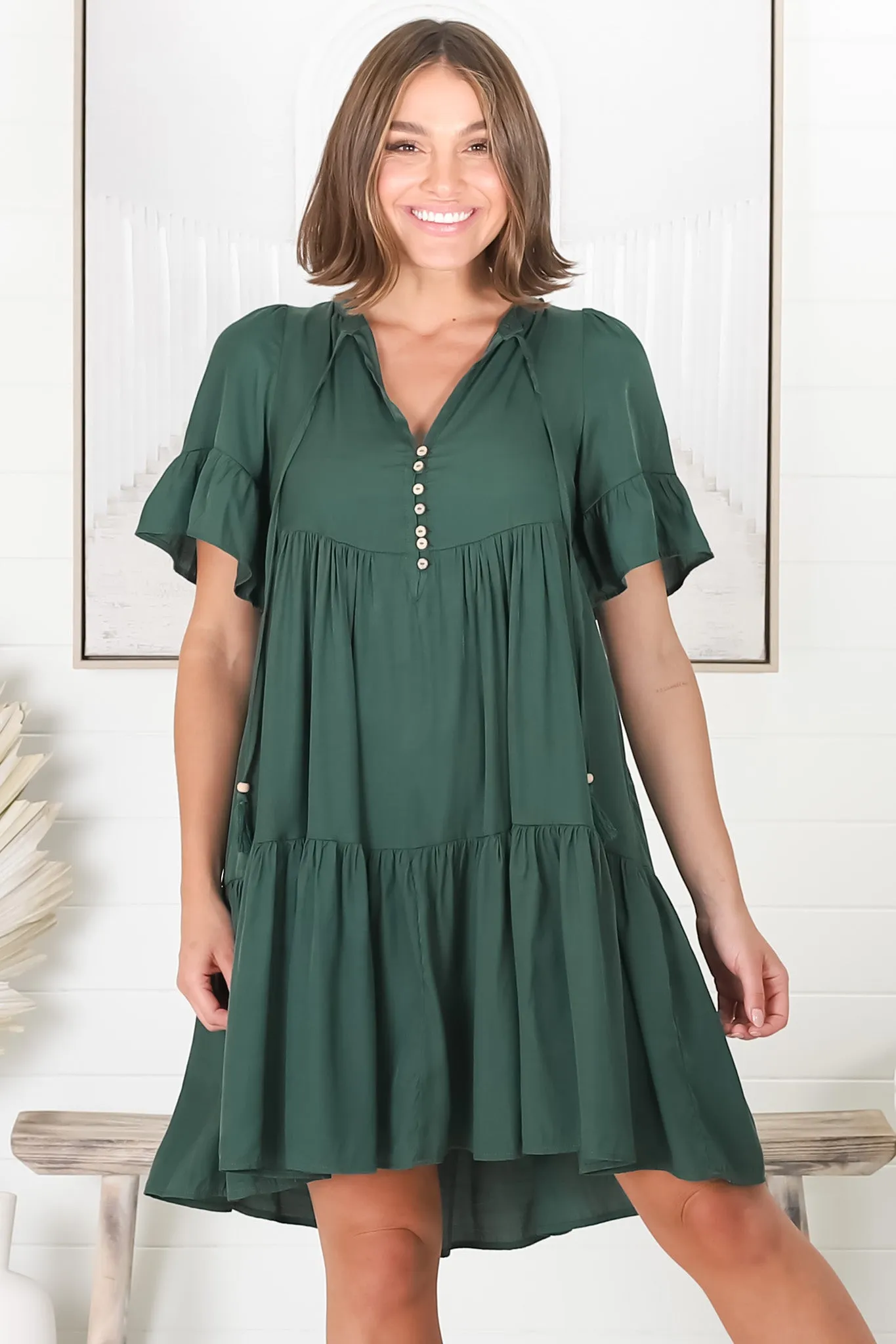 Lilou Mini Dress -Smock Mini Dress with V Neckline in Emerald sold by Salty Crush product image thumbnail 2
