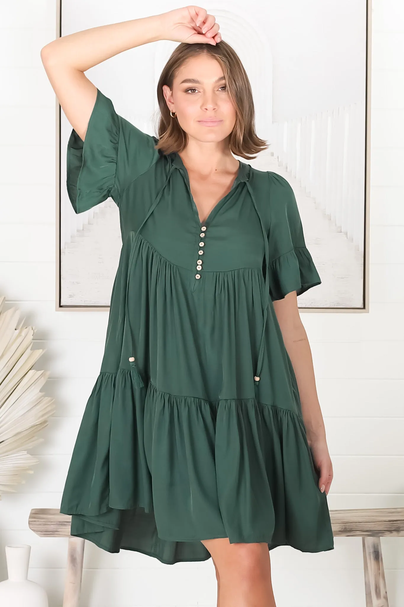 Lilou Mini Dress -Smock Mini Dress with V Neckline in Emerald sold by Salty Crush product image thumbnail 3