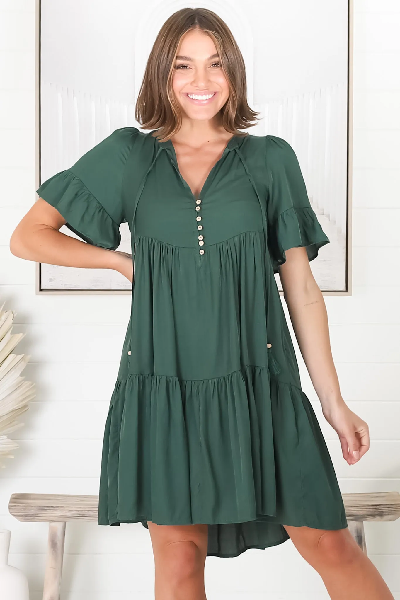 Lilou Mini Dress -Smock Mini Dress with V Neckline in Emerald sold by Salty Crush product image thumbnail 4