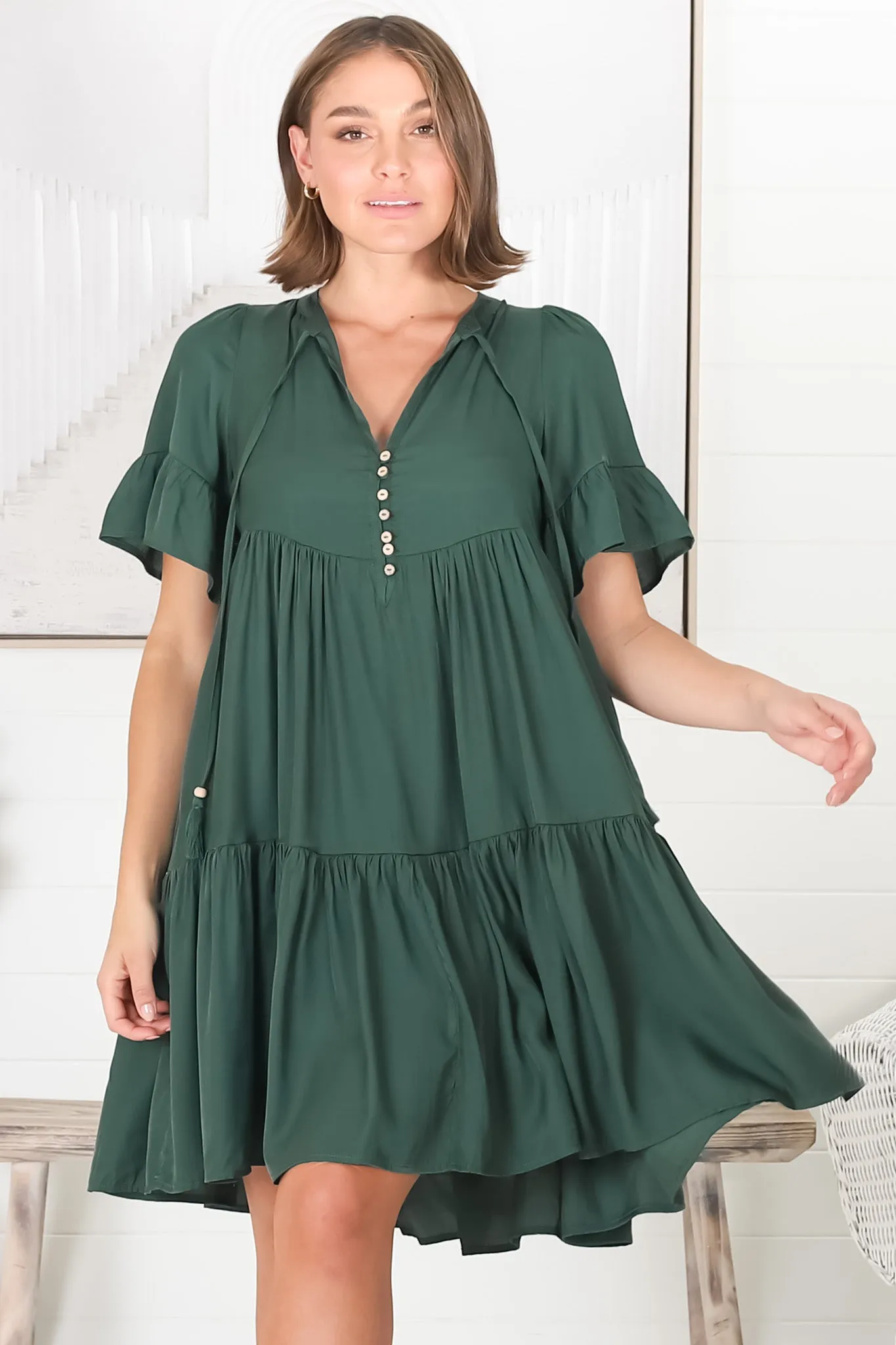 Lilou Mini Dress -Smock Mini Dress with V Neckline in Emerald sold by Salty Crush
