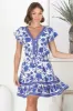 Kailin Mini Dress - Cap Sleeve A Line Dress in Blue Floral Print sold by Salty Crush