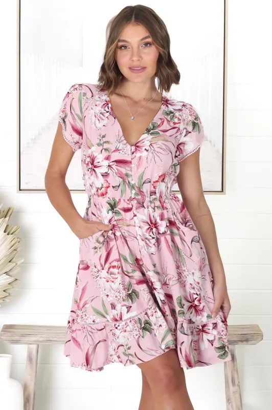 Lizzie Mini Dress - Butterfly Cap Sleeve Button Down Dress with Pockets in Pink Lotus Print sold by Salty Crush