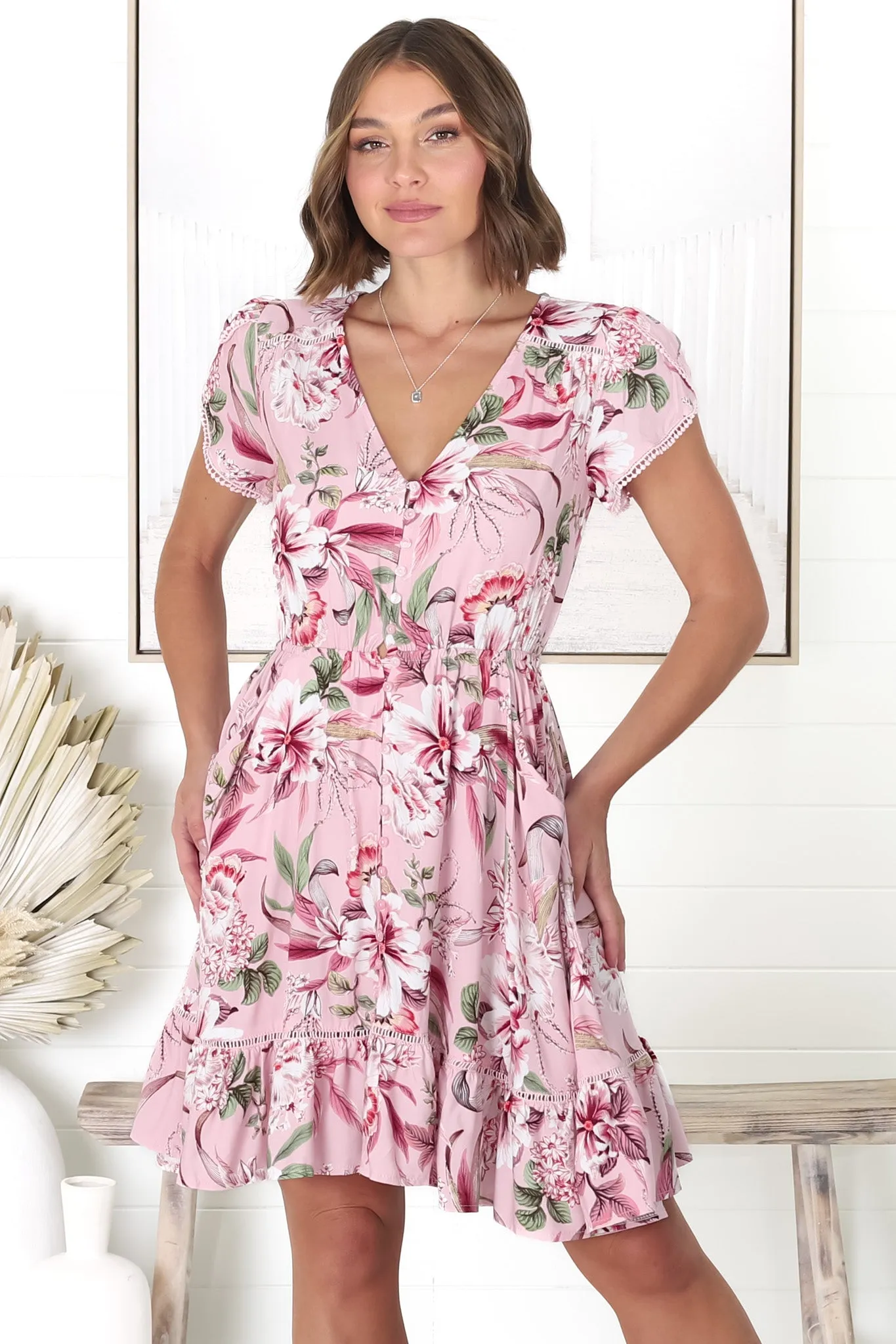 Lizzie Mini Dress - Butterfly Cap Sleeve Button Down Dress with Pockets in Pink Lotus Print sold by Salty Crush product image thumbnail 5
