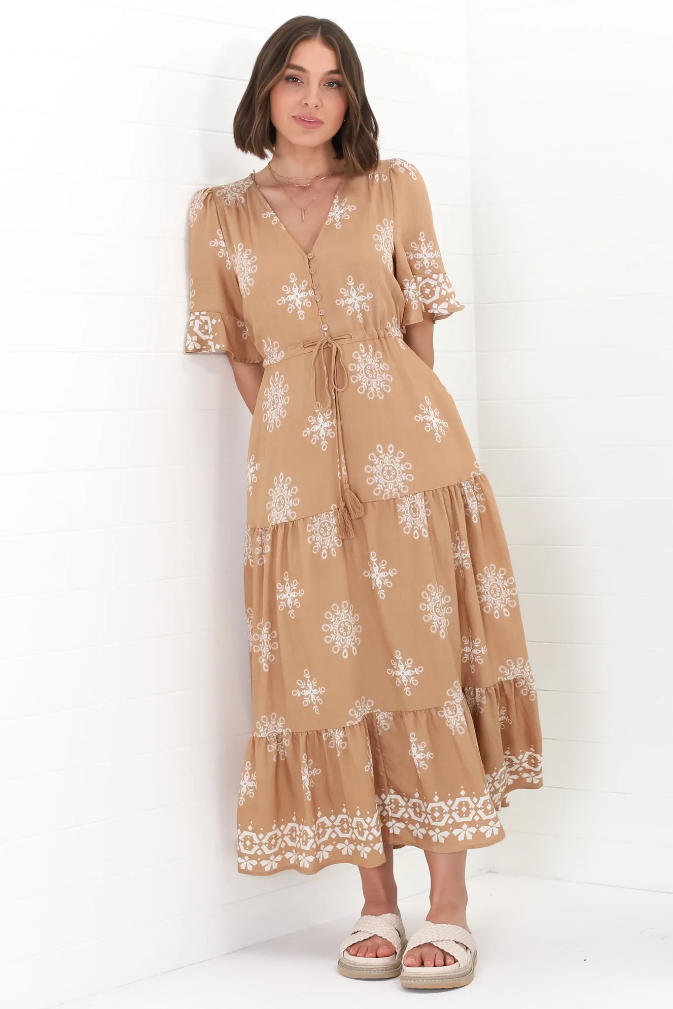 Kama Maxi Dress - Buttoned Bodice Pull Waist A Line Dress in Feba Print Latte sold by Salty Crush product image thumbnail 2