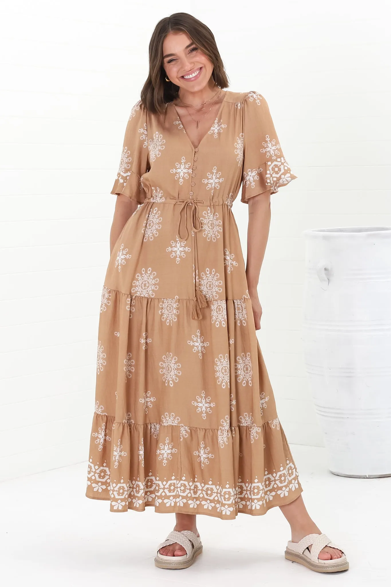 Kama Maxi Dress - Buttoned Bodice Pull Waist A Line Dress in Feba Print Latte sold by Salty Crush product image thumbnail 3