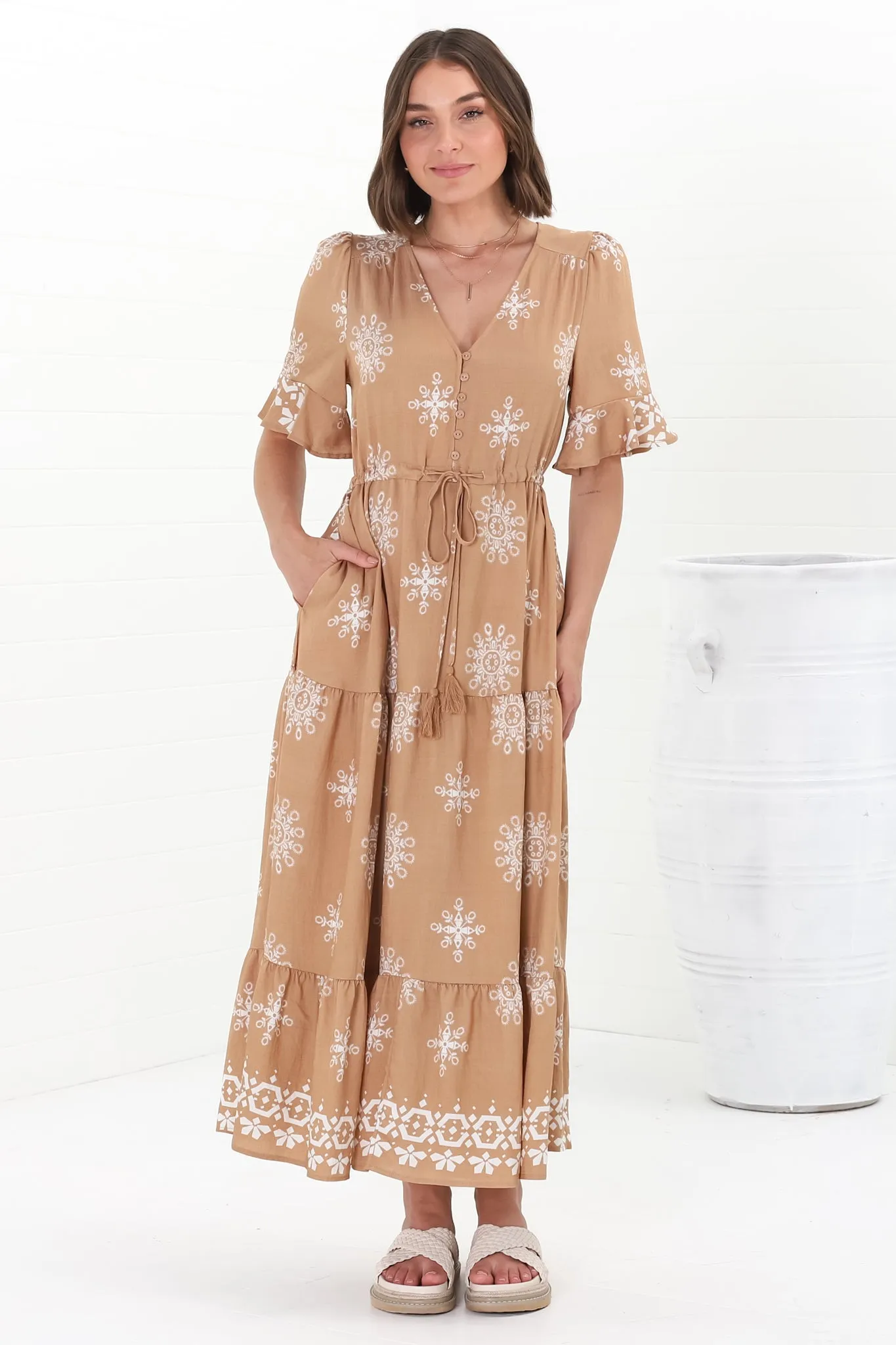 Kama Maxi Dress - Buttoned Bodice Pull Waist A Line Dress in Feba Print Latte sold by Salty Crush product image thumbnail 5