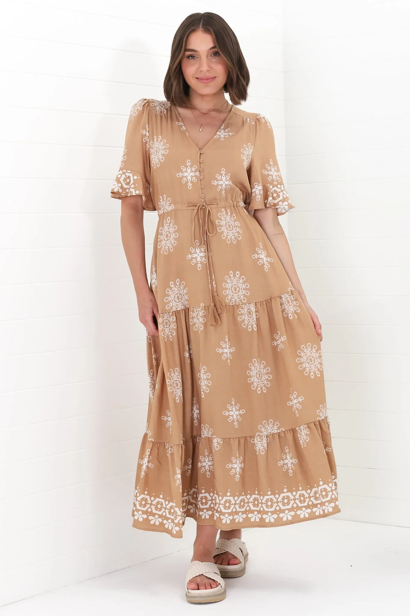 Kama Maxi Dress - Buttoned Bodice Pull Waist A Line Dress in Feba Print Latte sold by Salty Crush product image thumbnail 4