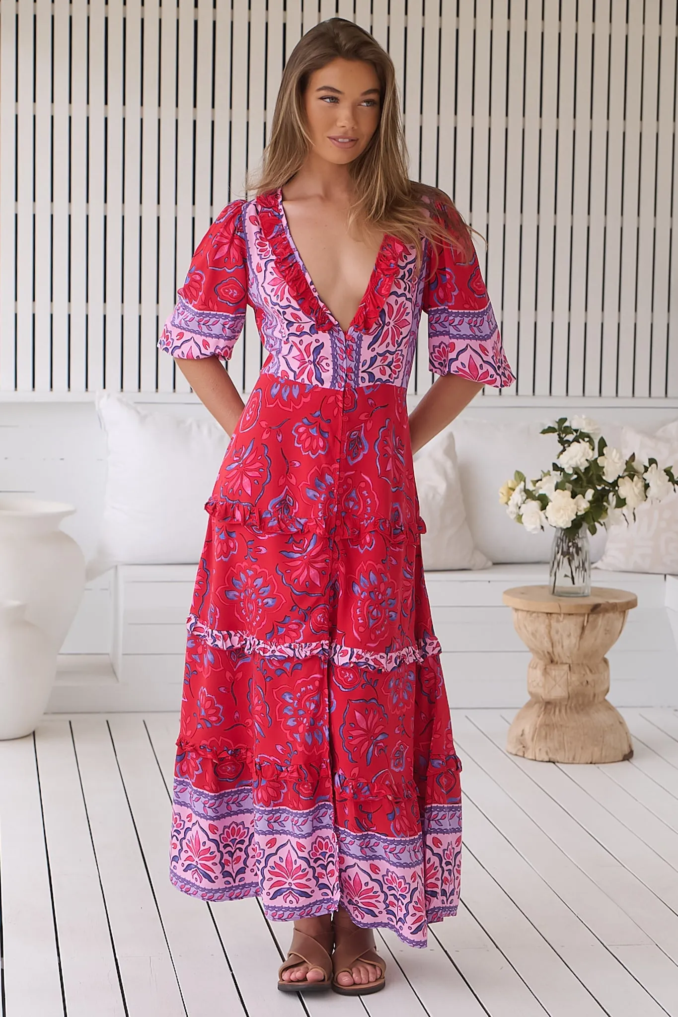 JAASE - Alina Maxi Dress: V-Neck Button Down Dress with Ruffle Splicing in Florian Print sold by Salty Crush product image thumbnail 5