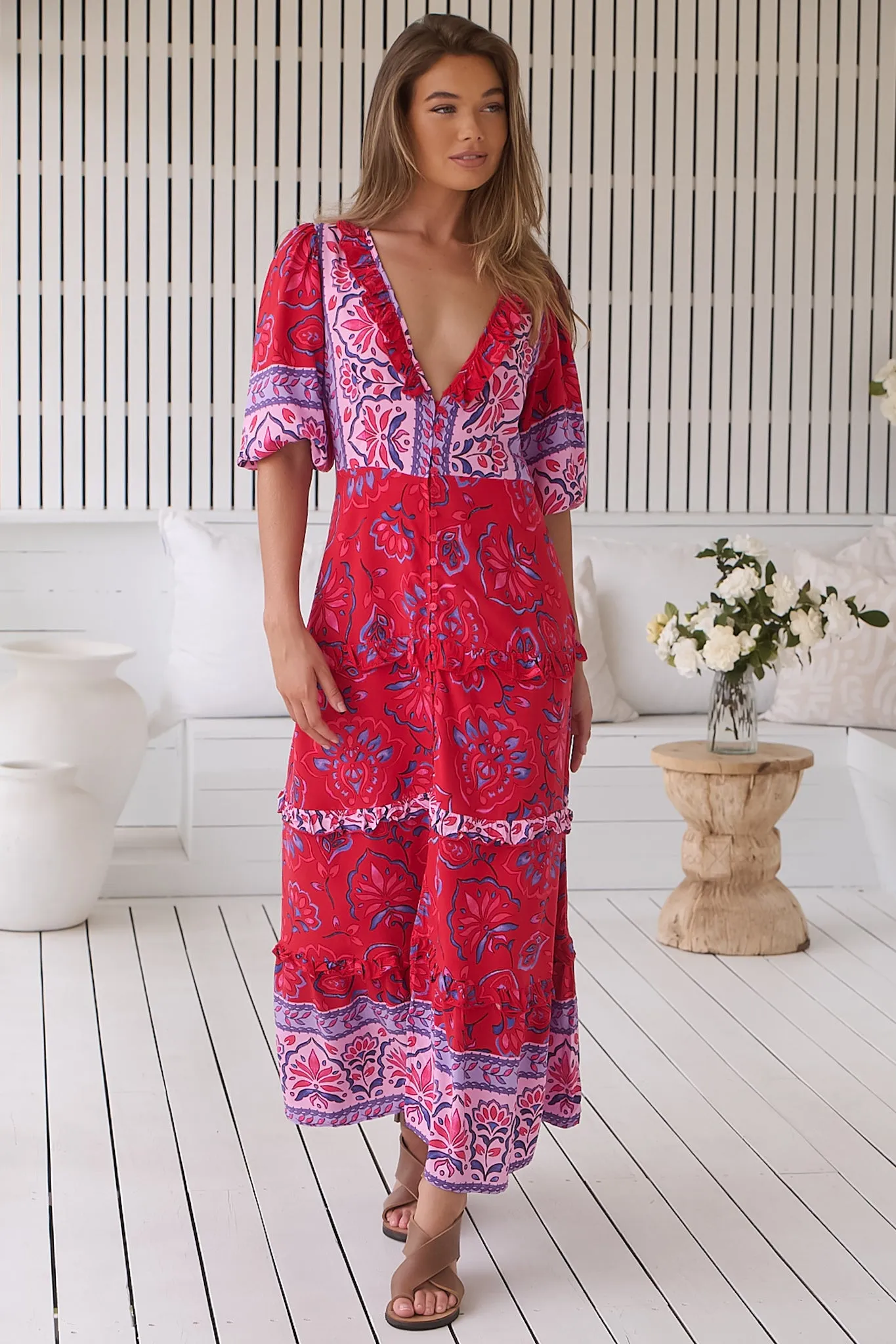 JAASE - Alina Maxi Dress: V-Neck Button Down Dress with Ruffle Splicing in Florian Print sold by Salty Crush product image thumbnail 3