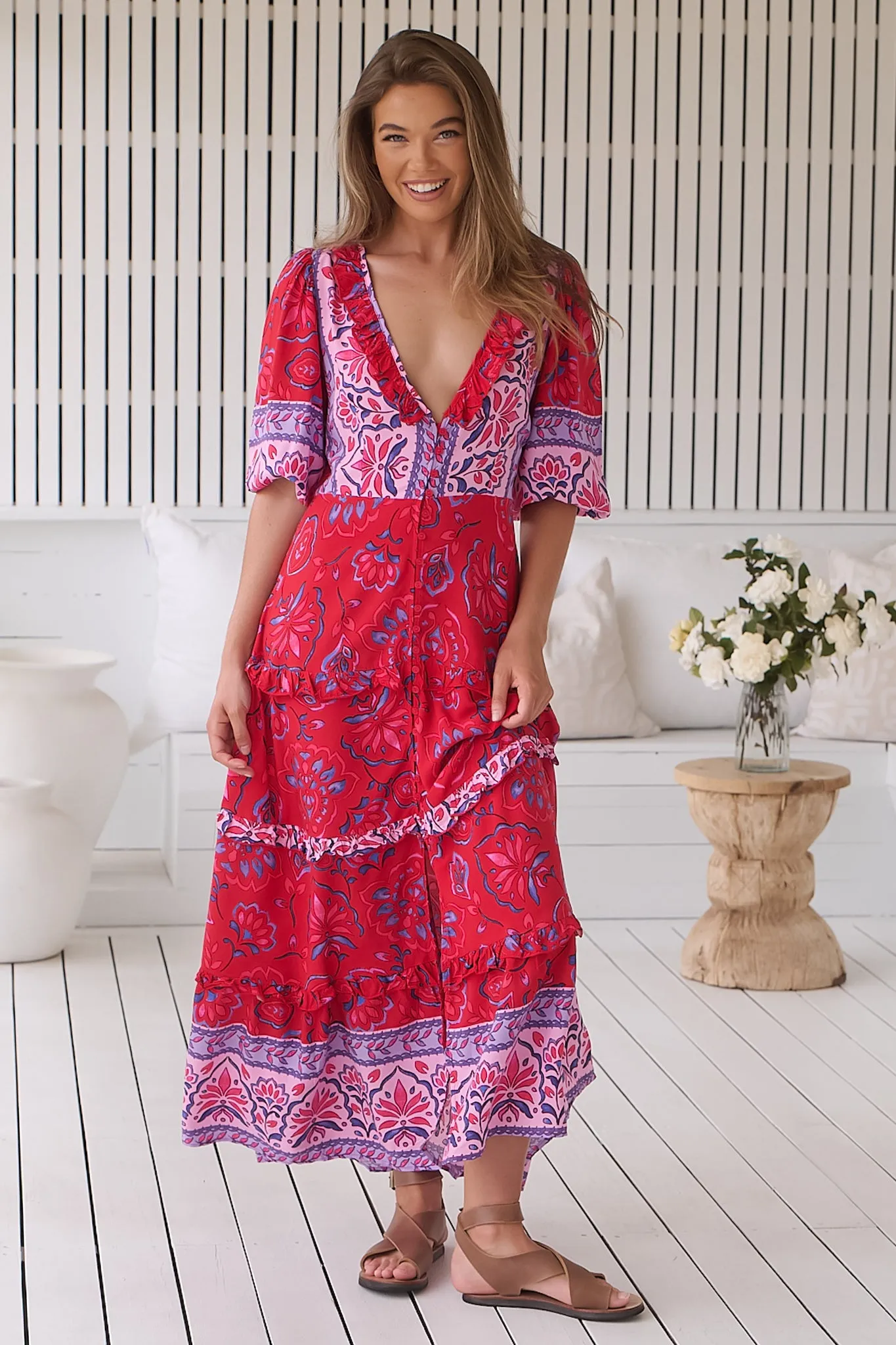 JAASE - Alina Maxi Dress: V-Neck Button Down Dress with Ruffle Splicing in Florian Print sold by Salty Crush