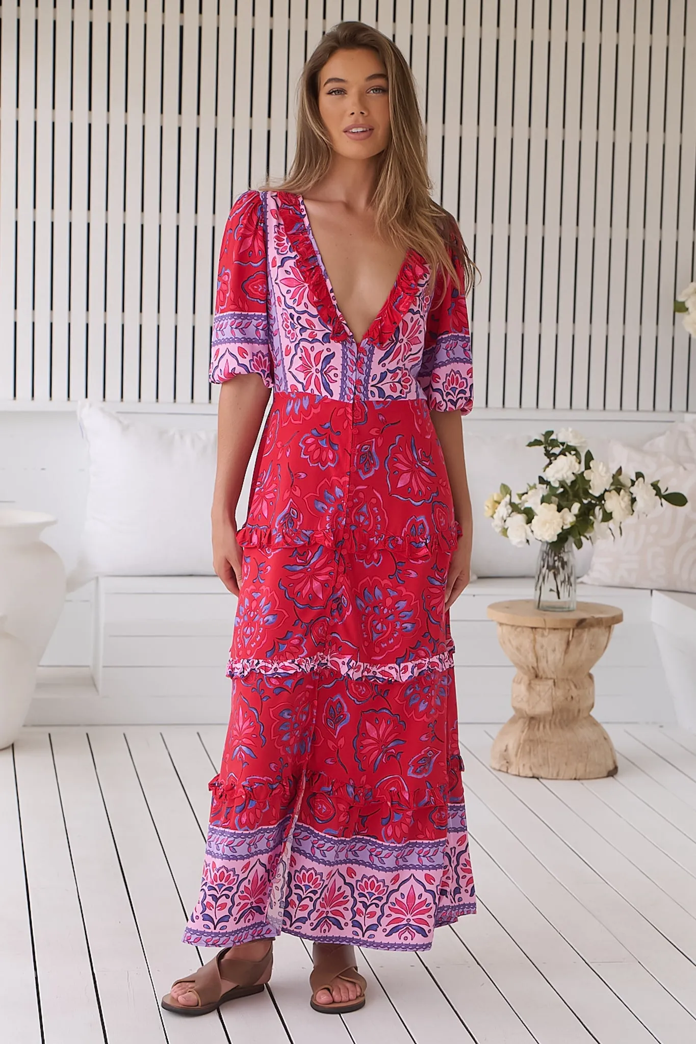 JAASE - Alina Maxi Dress: V-Neck Button Down Dress with Ruffle Splicing in Florian Print sold by Salty Crush product image thumbnail 4