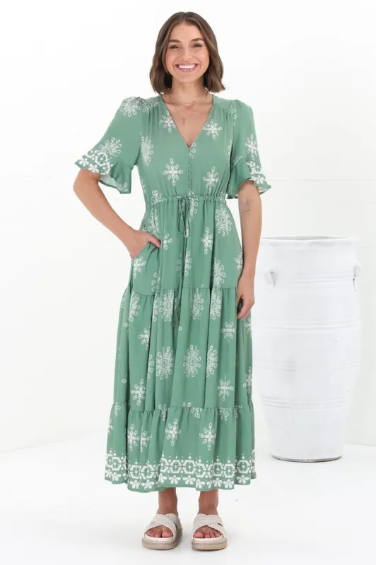 Kama Maxi Dress - Buttoned Bodice Pull Waist A Line Dress in Feba Print Green sold by Salty Crush