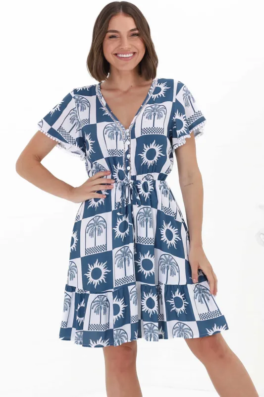 Lorena Mini Dress - V Neck Pull Tie Waist Mini Dress in Layah Print Blue sold by Salty Crush
