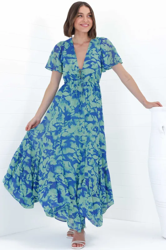 Ranaya Maxi Dress - Cap Sleeve Tie Bust Detailed A-Line Dress in Francis Print Blue sold by Salty Crush