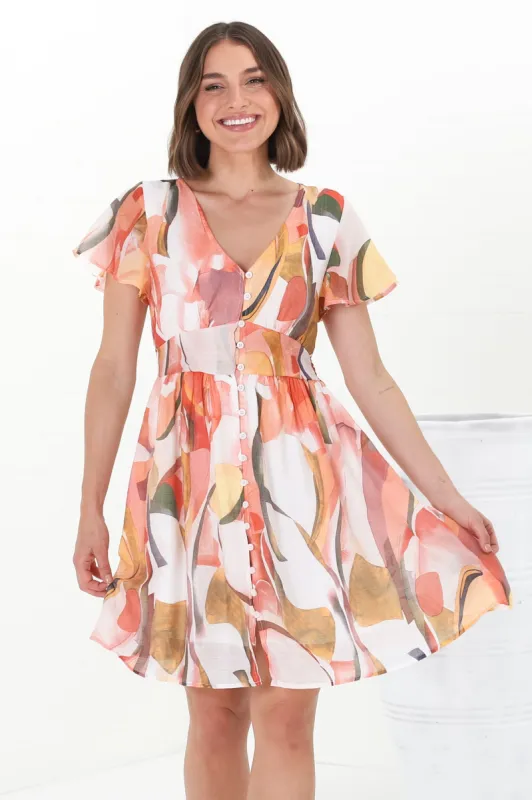 Aurelia Mini Dress - Button-Down Flutter Sleeve Dress in Marise Print sold by Salty Crush