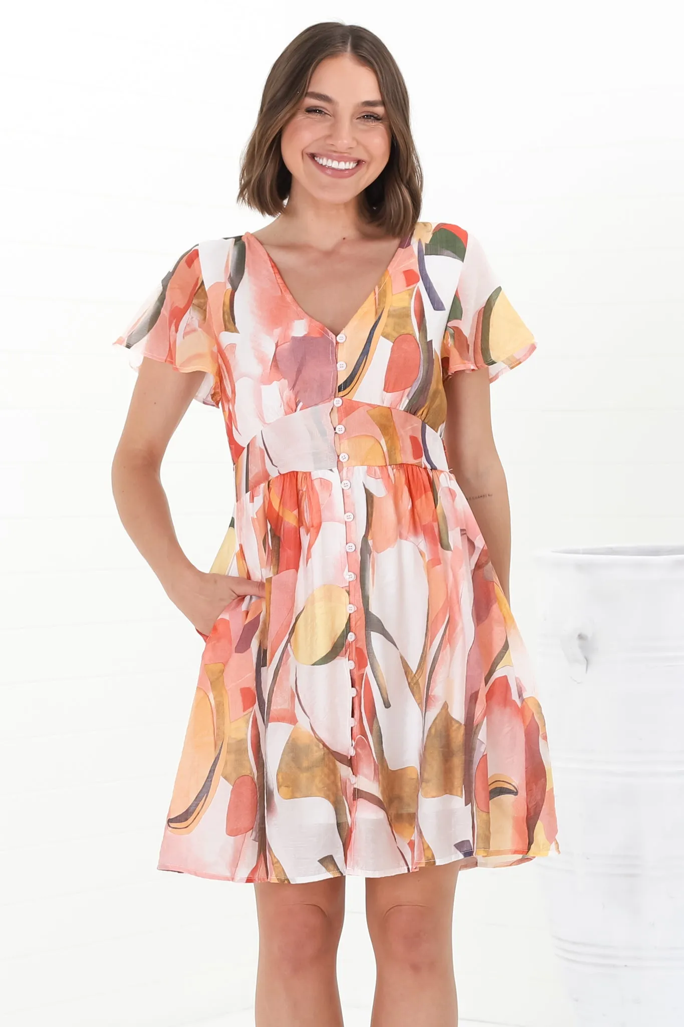 Aurelia Mini Dress - Button-Down Flutter Sleeve Dress in Marise Print sold by Salty Crush product image thumbnail 5