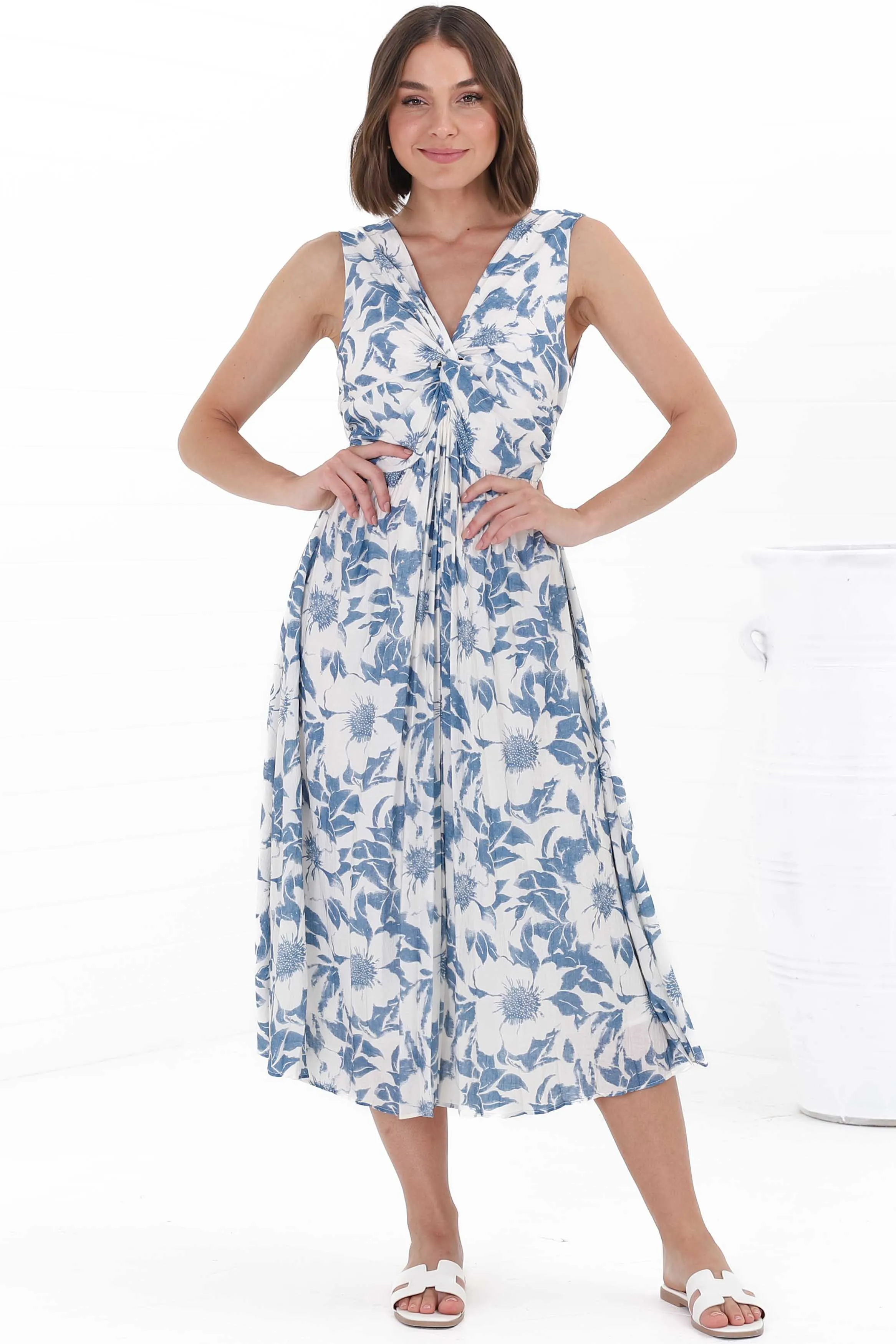 Simas Midi Dress - V-Neck Plisse Sleeveless Dress in Lauri Print Blue sold by Salty Crush product image thumbnail 2
