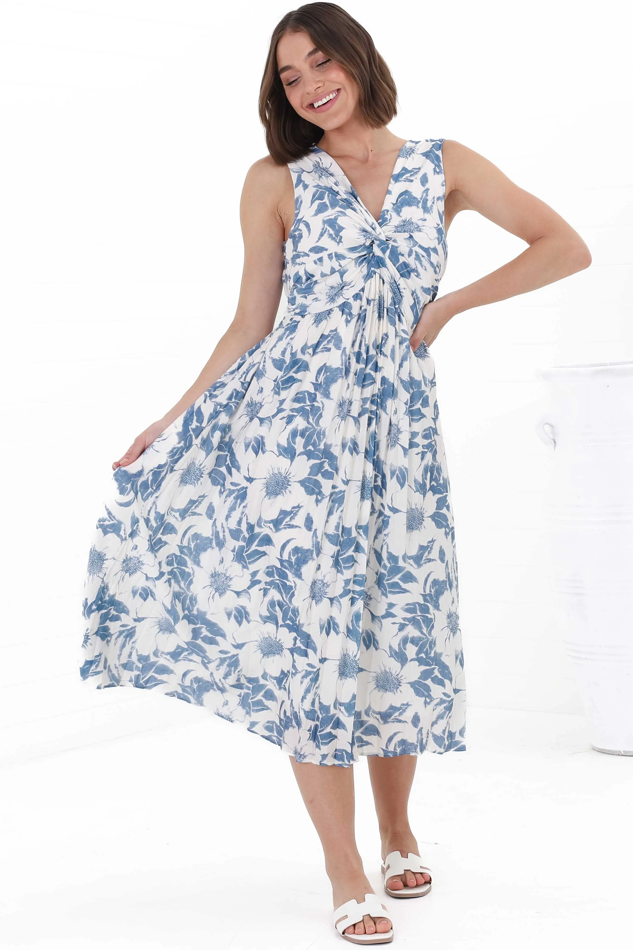Simas Midi Dress - V-Neck Plisse Sleeveless Dress in Lauri Print Blue sold by Salty Crush product image thumbnail 3