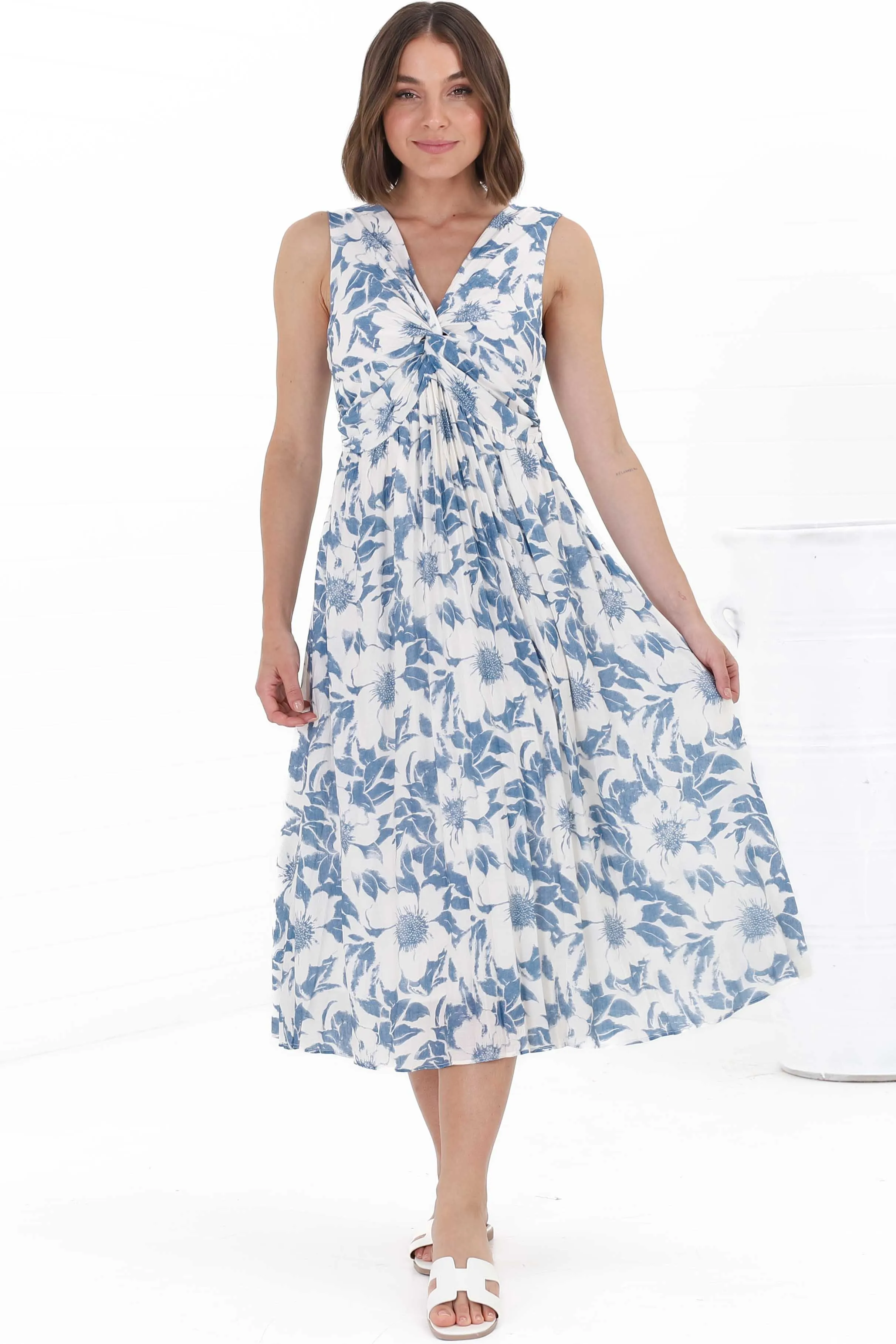 Simas Midi Dress - V-Neck Plisse Sleeveless Dress in Lauri Print Blue sold by Salty Crush