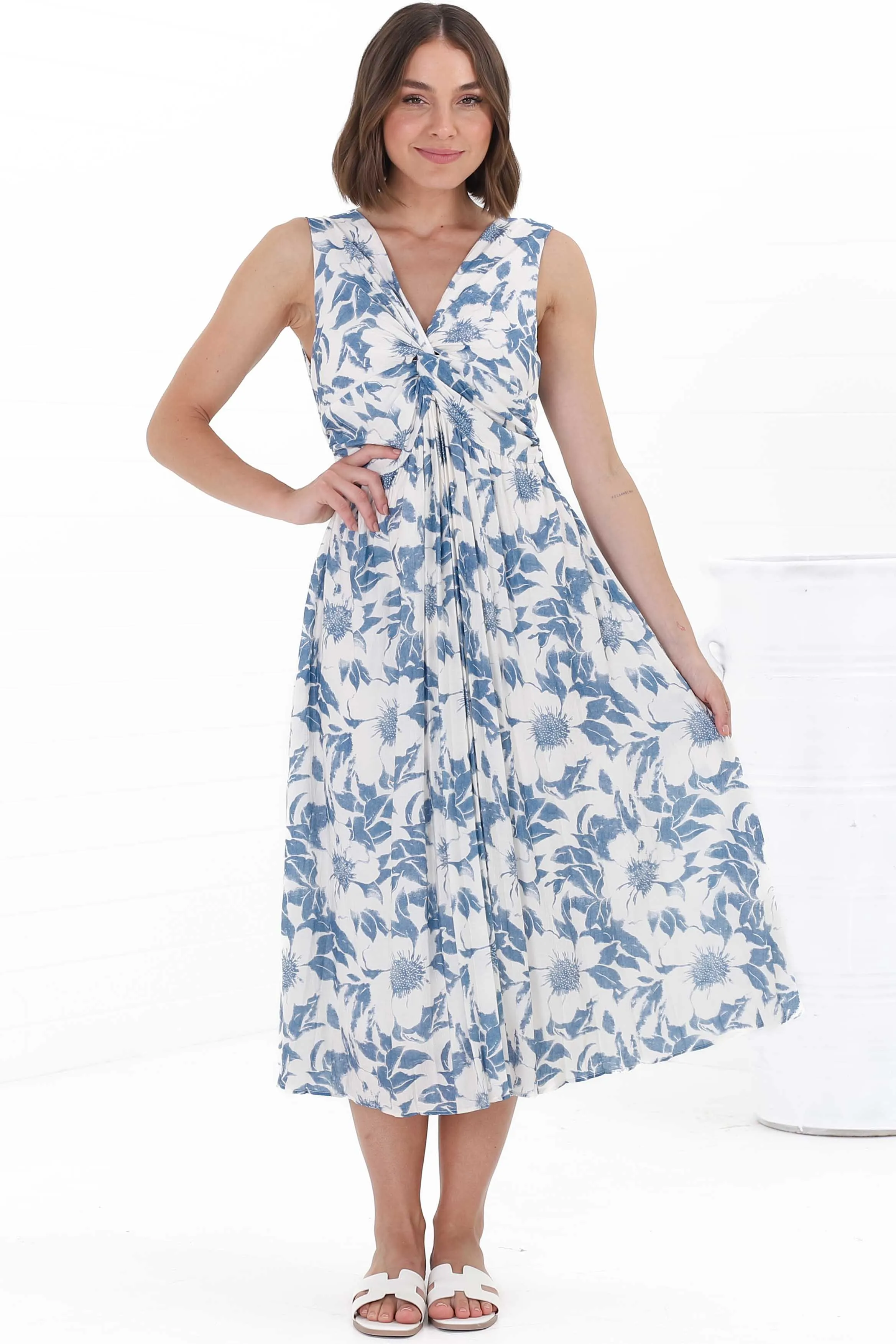 Simas Midi Dress - V-Neck Plisse Sleeveless Dress in Lauri Print Blue sold by Salty Crush product image thumbnail 5