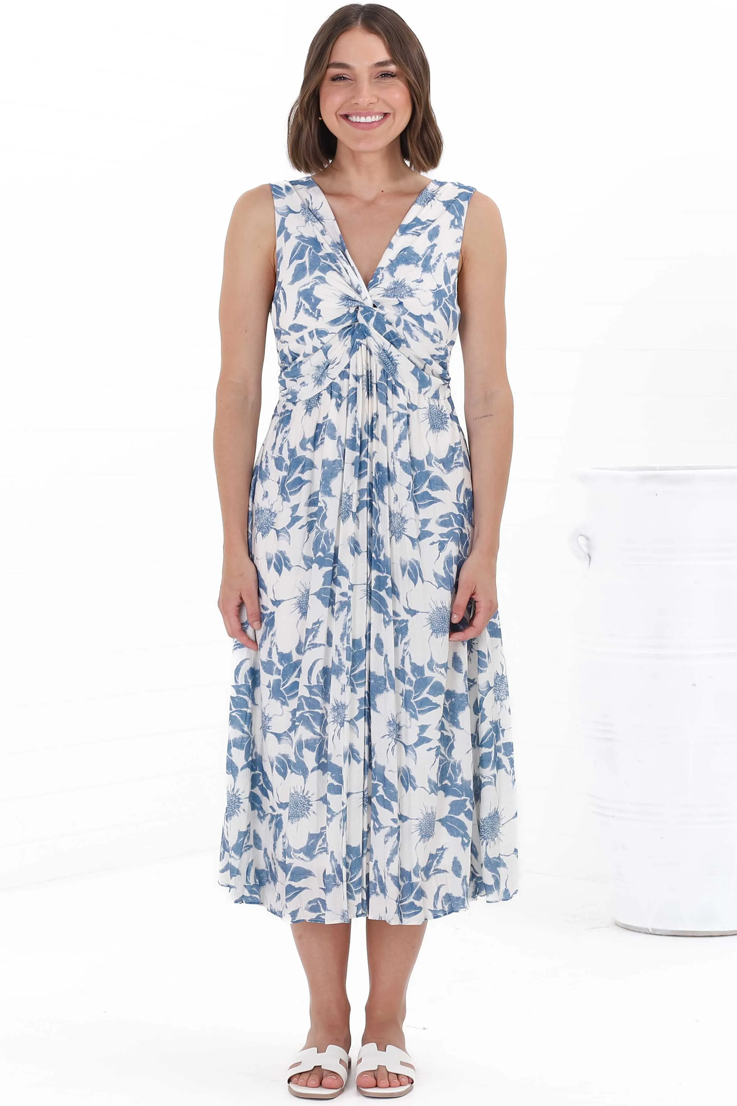 Simas Midi Dress - V-Neck Plisse Sleeveless Dress in Lauri Print Blue sold by Salty Crush product image thumbnail 4