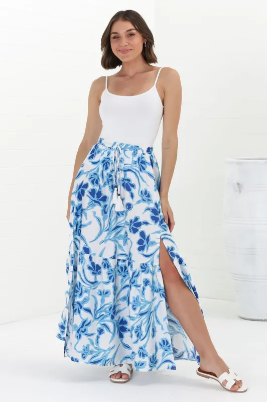 Hellen Maxi Skirt - High Waisted Skirt with Front Splits in Braley Print Blue sold by Salty Crush
