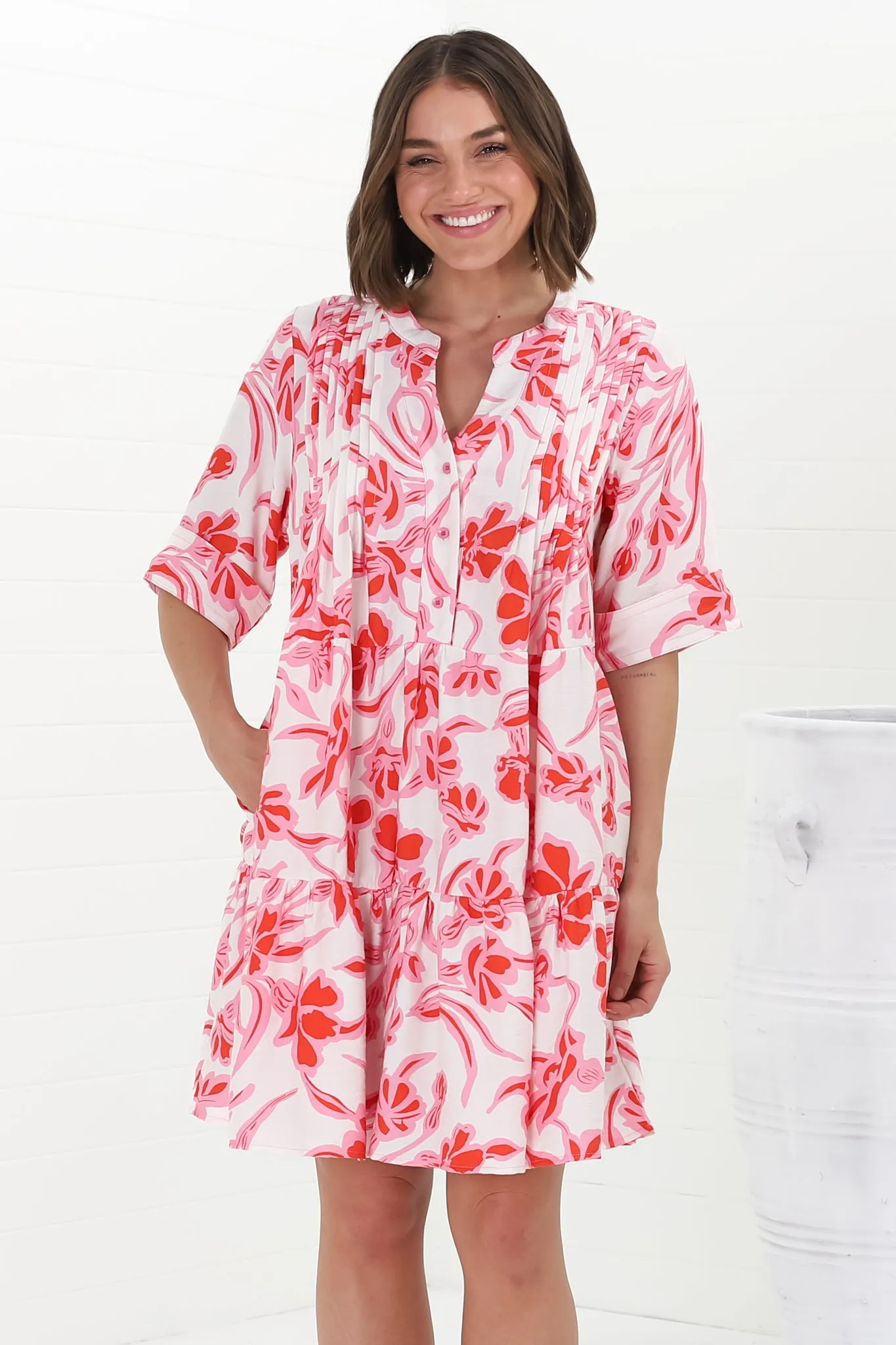 Evie Mini Dress - 3/4 Sleeve Tiered Smock Dress in Braley Print Pink sold by Salty Crush product image thumbnail 4