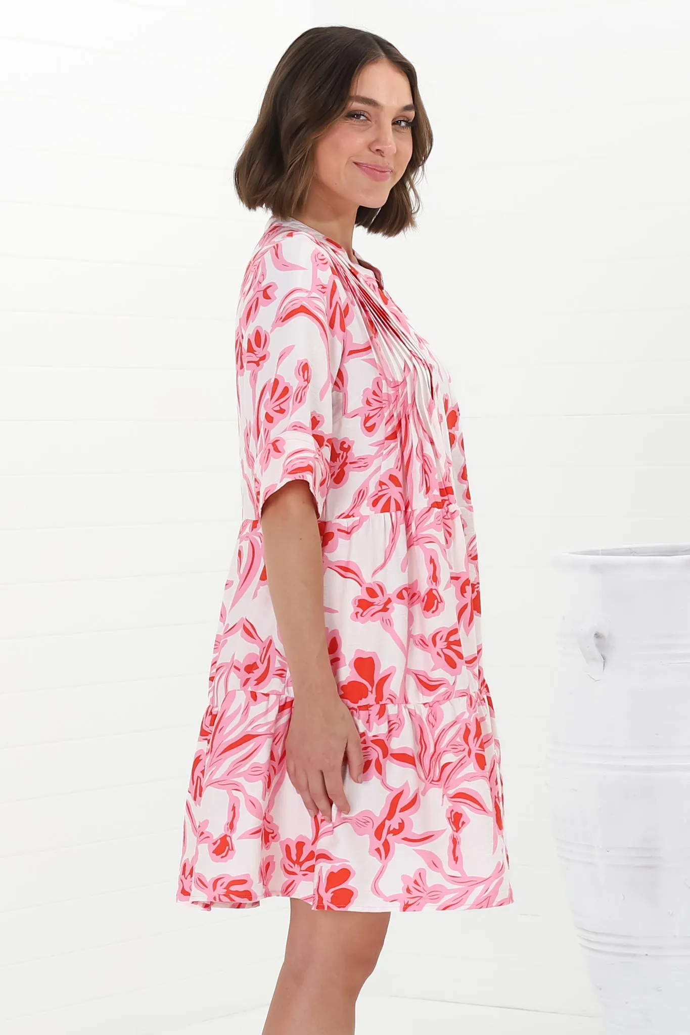 Evie Mini Dress - 3/4 Sleeve Tiered Smock Dress in Braley Print Pink sold by Salty Crush product image thumbnail 5