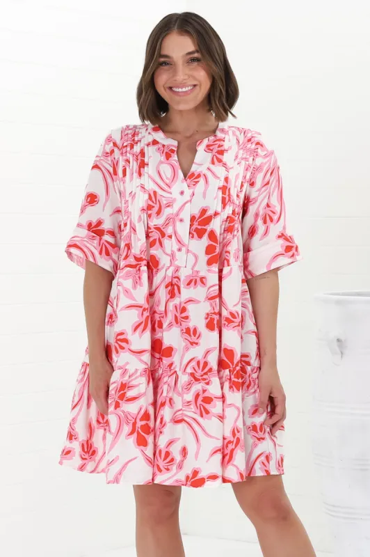 Evie Mini Dress - 3/4 Sleeve Tiered Smock Dress in Braley Print Pink sold by Salty Crush